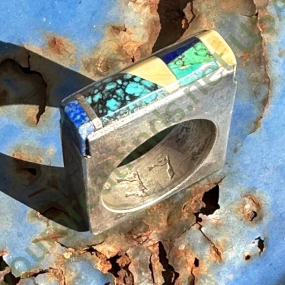 Vintage Sterling Silver Turquoise Inlay Square Ring Navajo Larry Castillo 7.5 - Picture 11 of 13